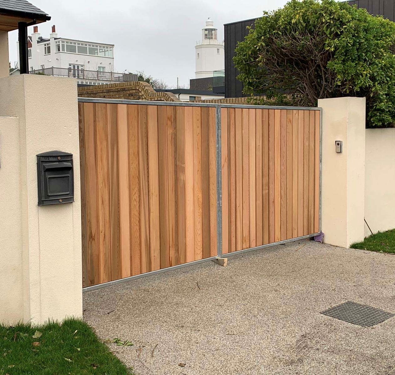 Cladding installed on a gate.